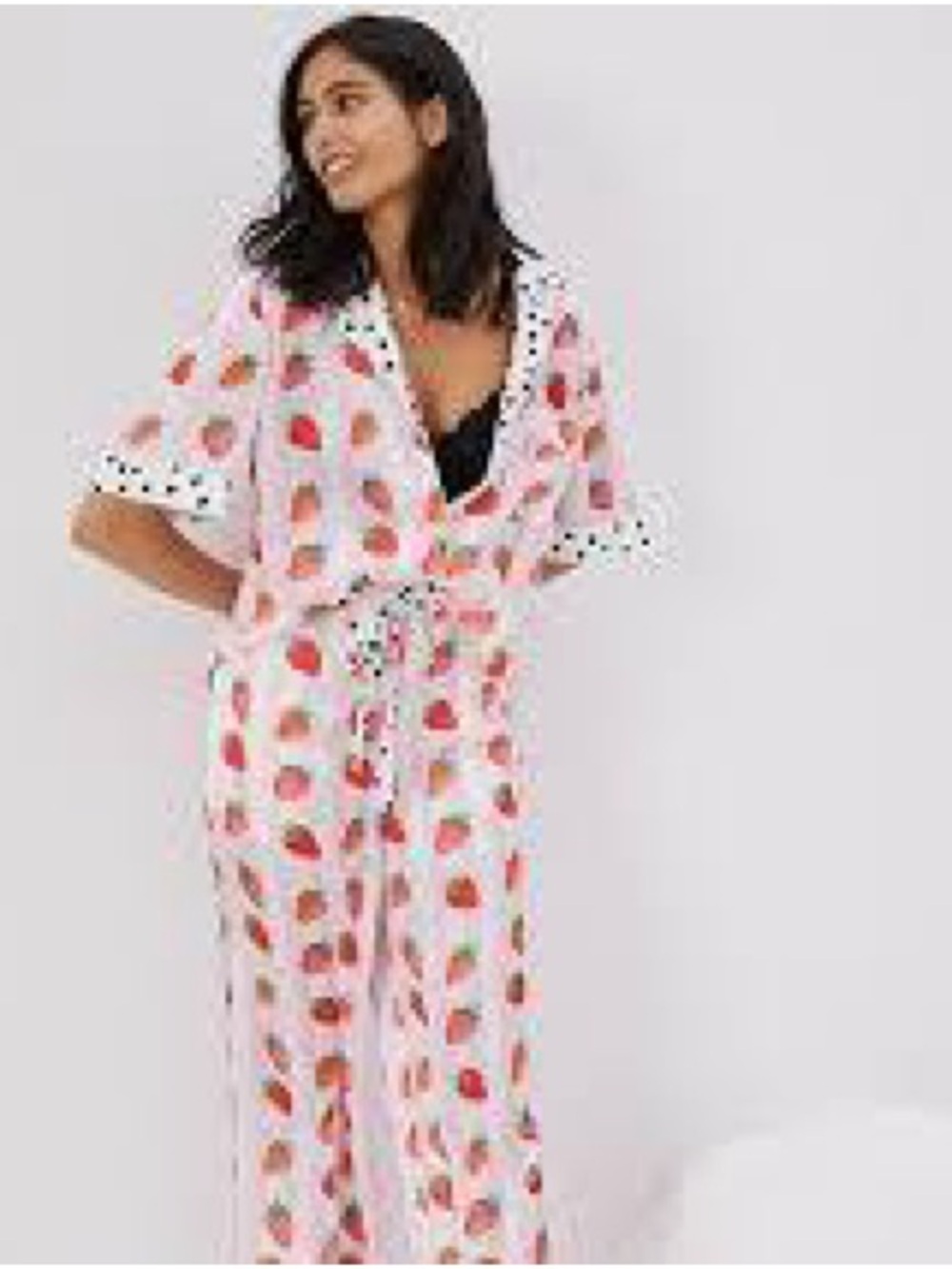 Karen Mabon Strawberry-Print Pajama Set with Polka Dot Trim
